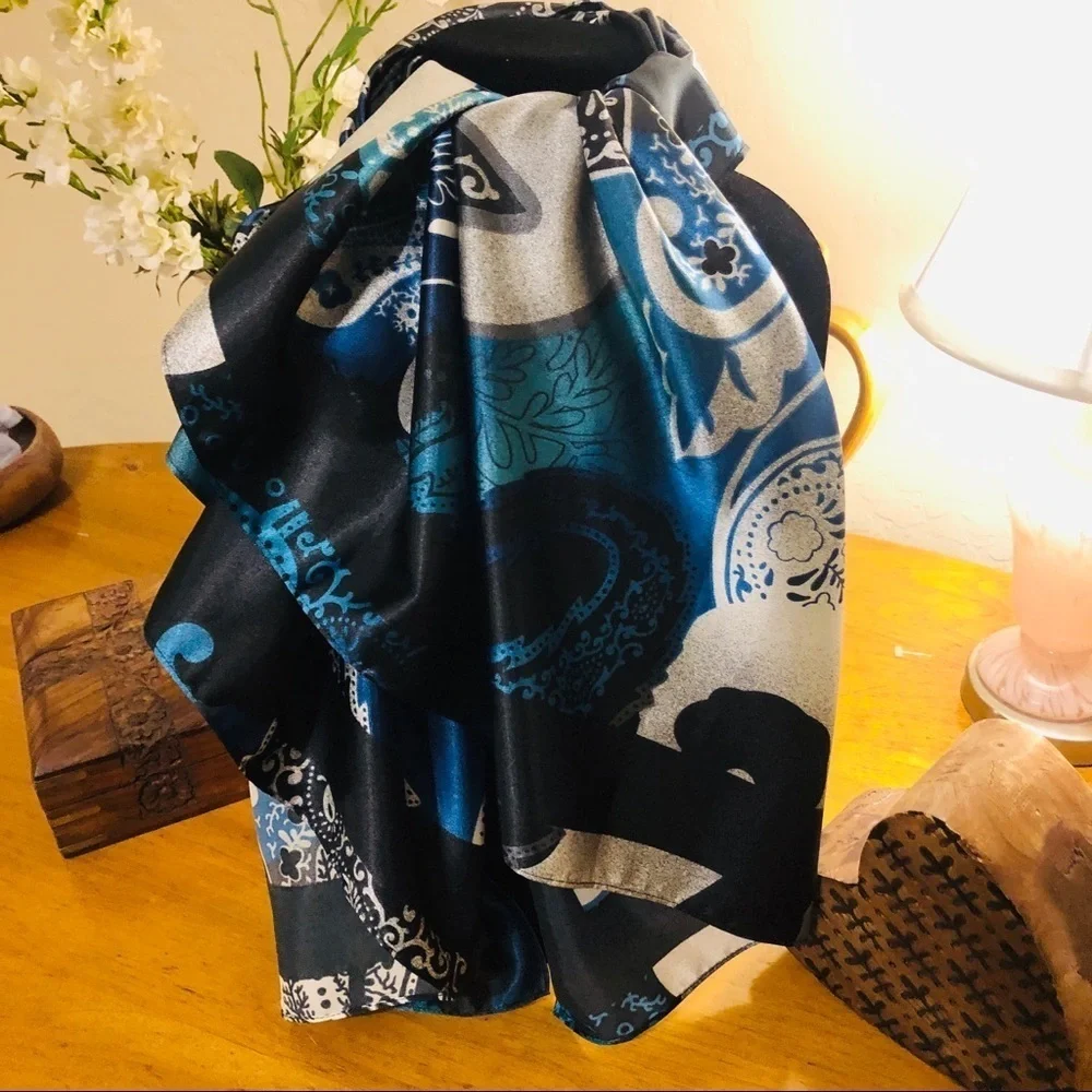Retro Floral Long Blue Scarf